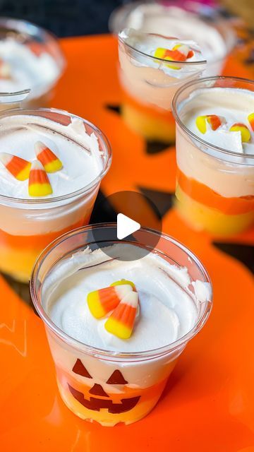 Stephanie Gigliotti on Instagram: "🎃 Perfect for a Halloween party! Check out my page @stephgigliotti or my website StephRealLife.com for more easy Halloween ideas! 👻

Do you like candy corn?

🎃 Candy Corn Pudding Cups
Makes 6- double/triple the amount for more cups 
See through cups 
5.9 ounce box instant vanilla pudding + milk to prepare the pudding
Orange food coloring 
Cool whip or whip cream 
Optional- candy corn

🎃 Prepare the vanilla pudding according to the box directions. Take half of the pudding and add a couple drops of orange food coloring and stir.
Let the pudding chill completely 
To the cups add a scoop of regular yellow vanilla pudding to the bottom. Smooth layer with a spoon.
Then layer the orange colored pudding. Smooth with a spoon.
Add a dollop of cool whip to the t Stephanie Gigliotti, Easy Halloween Ideas, Halloween Pudding, Orange Food, Work Food, Orange Food Coloring, Corn Pudding, Pudding Cups, Work Meals