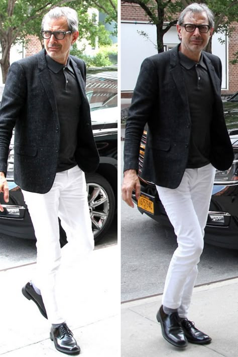 Style Girlfriend | Style Hack: How to Wear White Jeans in Winter Men’s White Jeans, Men’s White Jeans Outfit, Mens White Jeans Outfit, White Pants Outfit Men Casual, Mens White Pants Outfit, White Jeans Men Outfit, White Pants Men Outfit, Black And White Men Outfit, White Trousers Outfit Men