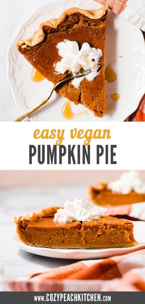 This vegan pumpkin pie is SO delicious and easy to make using common pantry ingredients. It's soft, sliceable, and you won't even know that it's dairy-free and egg-free! Egg Free Pumpkin Pie, Easy Vegan Pumpkin Pie, Vegan Molasses Cookies, Dairy Free Pies, Vegan Pumpkin Pie Recipe, Dairy Free Pumpkin Pie, Vegan Pumpkin Muffins, Gluten Free Pumpkin Pie, Pumpkin Pie Recipe Easy