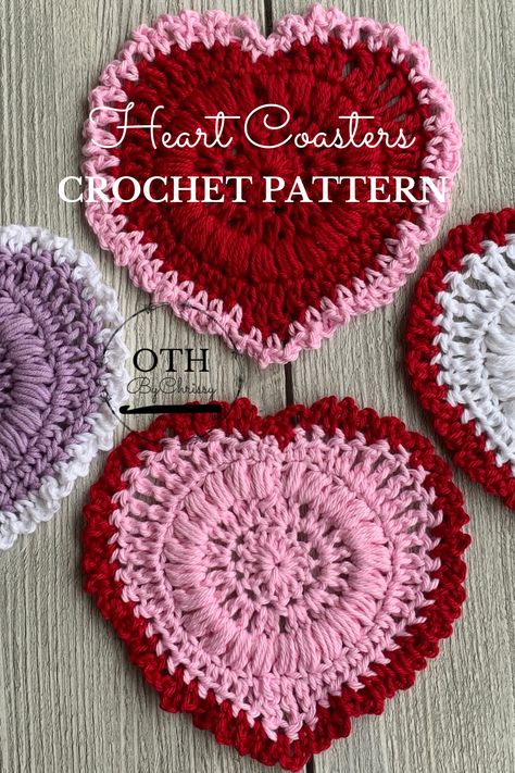 Heart Coasters Crochet, Coasters Pattern, Crochet Star Patterns, Crochet Valentine Patterns, Heart Coaster, Coasters Crochet, Fast Crochet, Crochet Border, Crochet Star