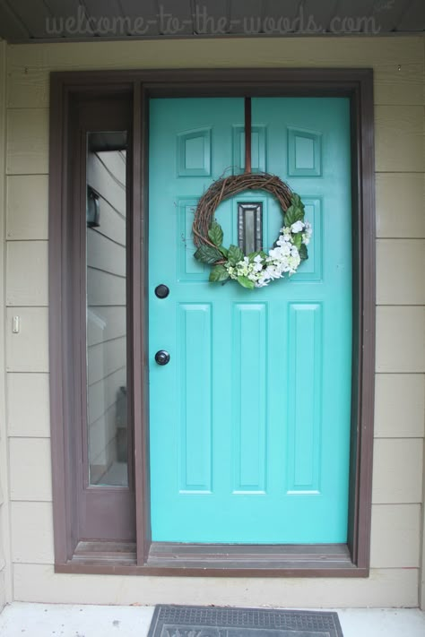 My front door refresh just needed a new color--turquoise! See the before and after photos of the cheerful transformation to my front entry. Aqua Front Door Paint Color, Turquoise Front Doors, Turquoise Doors On Houses, Aqua Doors Front Entrance, Tiffany Blue Front Door, Turquoise Door Exterior, Turquoise Front Door Colors, Teal Doors Front Entrance, Teal Front Door