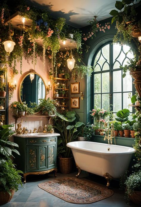 Mid Century Whimsical, Quirky Home Aesthetic, Cool Bathrooms Ideas, Home Decor Ideas Bathroom Small Spaces, Green Tile Bathroom Ideas Accent Wall, Fairycore Bathroom Ideas, Hobbit Bathroom Ideas, Secret Garden Bathroom, Fairytale Cottage Bathroom