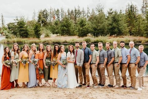 Camp Wedding Attire, Mismatch Wedding Party Attire, Bohemian Wedding Party, Summer Mountain Wedding Bridesmaid Dresses, Boho Mens Wedding Attire Mismatched Groomsmen, Summer Wedding Party Attire, Casual Wedding Party Attire, Mismatched Groomsmen Attire, Summer Wedding Groomsmen