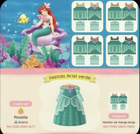 Princess Animal Crossing Island, Mermaid Acnh Design, Acnh Disney Princess Dresses, Animal Crossing Disney Outfits, Animal Crossing Mermaid Design, Animal Crossing Design Codes Dress, Animal Crossing Cute Design Codes, Acnh Mermaid Codes, Animal Crossing Design Codes Disney