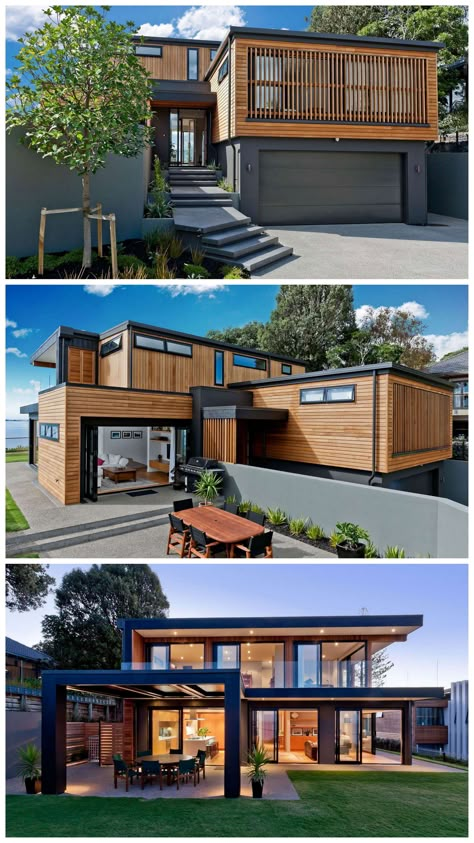 Rothesay Bay House is a private residence located in North Shore, New Zealand. Shipping Container Home Designs, Building A Container Home, Container House Plans, Bay House, Bungalow House Design, Container House Design, Modern Architecture House, Modern House Plans, Cool House Designs