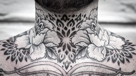 Geometric Throat Tattoo, Mandala Tattoo Neck, Mandala Chest Tattoo, Chest Neck Tattoo, Flower Neck Tattoo, Dotwork Tattoo Mandala, Full Neck Tattoos, Best Neck Tattoos, Throat Tattoo