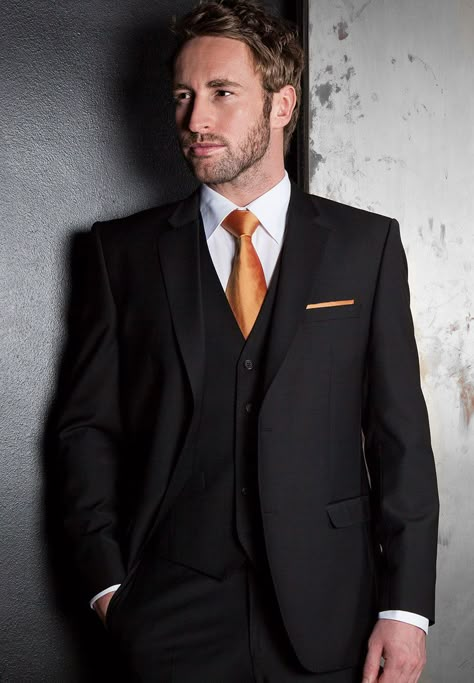 Men Suits Wedding, All Black Suit, Prom Blazers, Orange Suit, Black Suit Wedding, Suit Pin, Black Tux, Orange Tie, Groomsmen Suits