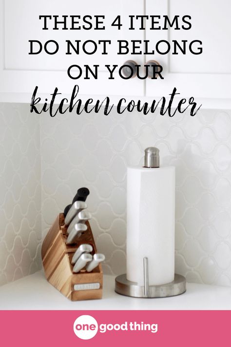 Time to declutter your kitchen counter? Start here to decide what to store on your kitchen countertop, and what to store elsewhere. Decorating Small Kitchen Countertops, How To Set Up Kitchen Counters, Clean Counters Kitchens, Kitchen Counter Soap Display, How To Declutter Kitchen Countertops, Kitchen Counter Art, Hiding Cords On Kitchen Counter, Small Kitchen Counter Styling, Vitamin Storage Ideas Counter