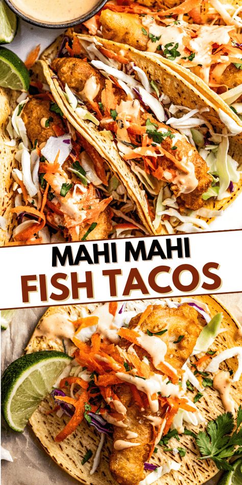 Wrapped in warm corn tortillas, these crunchy mahi mahi fish tacos with homemade batter are the coastal twist your summer meals were missing. Served with creamy, spicy, and veggie toppings, they're a seafood fiesta in every bite! Diethood Recipes, Mahi Mahi Fish Tacos, Mahi Tacos, Mahi Mahi Fish, Mahi Mahi Tacos, Fried Tacos, Tostada Recipes, Mahi Fish, Seafood Meals