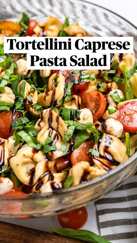 A twist on the classic, this Tortellini Caprese Salad is the pasta salad of the summer--and every season in between. Toss it together in 10 minutes and enjoy the fresh flavors of basil, tomatoes, cheesy tortellini and a delicious balsamic glaze. A perfect side but also hearty enough for a meal! #GourmetSaladCreations Basalmic Glaze, Tortellini Caprese Salad, Cheesy Tortellini, Gourmet Salad, Caprese Pasta Salad, Super Salads, Caprese Pasta, Balsamic Glaze, Tortellini