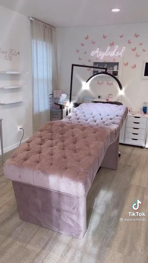 Waxing Bed For Salon, Pink And White Lash Room, Curved Lash Bed, Lash Bed Setup Ideas, Eyelashes Bed, Lash Room Decor Ideas Interior Design, Lash Bed Setup, Lash Shed, Lash Room Aesthetic