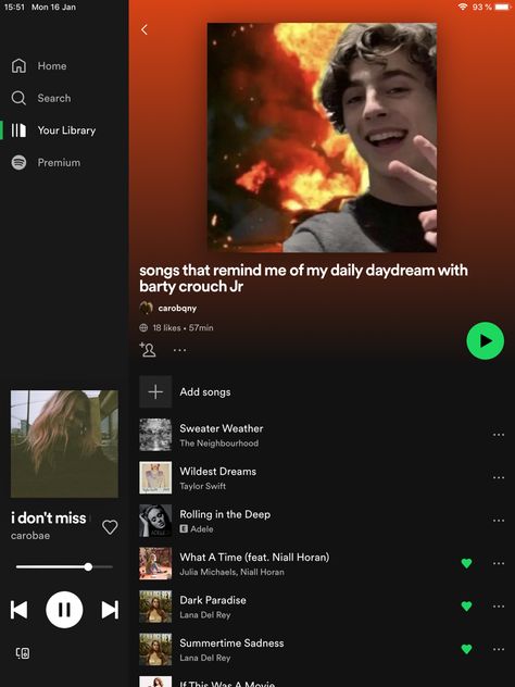 is a Spotify playlist Songs For Daydreaming, Daydreaming Playlist, Barty Crouch, Barty Crouch Jr, Julia Michaels, Siren Song, Dark Paradise, Niall Horan, Lana Del Rey