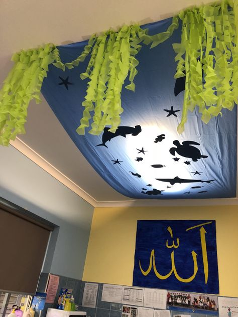 Paper Octopus Decoration, Under The Sea Preschool Theme Classroom, Diy Jelly Fish Decor, Breaker Rock Beach Stage Decorations, Underwater Birthday Party Decorations, Ocean Theme Preschool Decorations, Dive Into Learning Theme, Water Themed Classroom, Under The Sea Ceiling Decorations