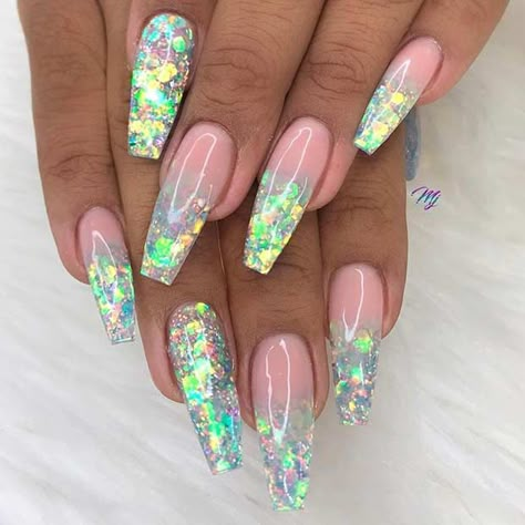 Glitter Ombre Nails, Trends Nails, Opal Nails, Ombre Nails Glitter, Nails Trends, Ombre Acrylic Nails, Cute Acrylic Nail Designs, Acrylic Coffin, Nails 2020