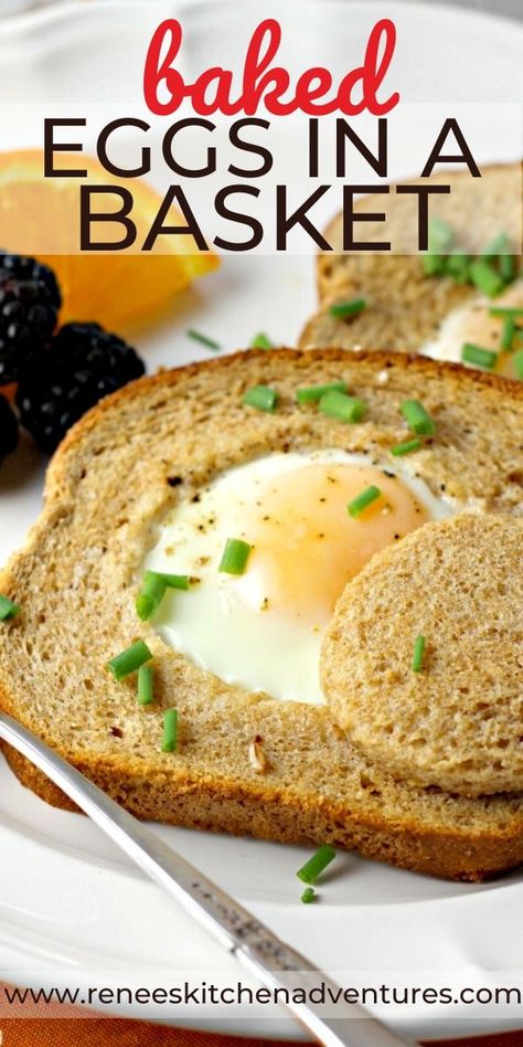 Baked Eggs in a Basket by Renee's Kitchen Adventures - Baked Eggs in a Basket aka Eggs in a Hole, are the perfect breakfast or brunch solution for a crowd. An egg is nestled in the middle of a piece of toast and baked to perfection right in the oven! #RKArecipes Eggs In A Hole, Egg In A Basket, Eggs In Bread, Oven Baked Eggs, Takeout Recipes, Eggs In A Basket, Amazing Breakfast, Favorite Breakfast Recipes, Cooking For Beginners