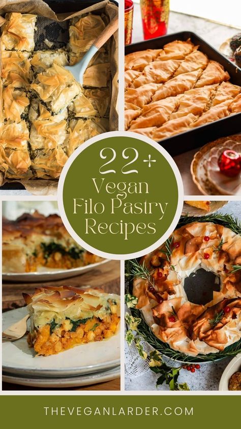 Filo pastry (also known as phyllo dough) is the perfect vegan pastry. Why not try one of these great vegan filo pastry recipes! It's flaky and delicious, and makes great appetizers and pies. Make some vegan baklava or try some vegan spanakopita! Phyllo Dough Pumpkin Pie, Phyllo Dough Tart, Phyllo Pie Crust, Savory Phyllo Recipes, Vegan Phyllo Dough Recipes, Filo Dough Appetizers, Recipes Using Phyllo Dough, Phyllo Dough Recipes Dinner, Phyllo Pastry Recipes Dessert