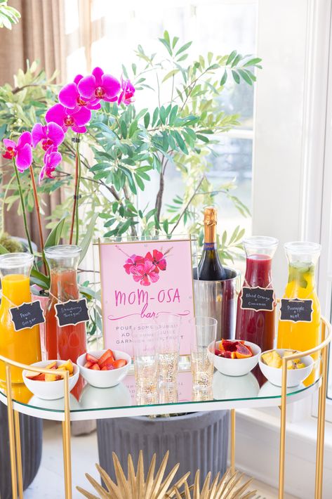 Mom-osa Bar - Happily Eva After Arched Backdrop, Retro Baby Showers, Mom Breakfast, Eva Amurri, Prosecco Bar, Mom-osa Bar, Here Comes The Son, Brunch Bar, Baby Shower Drinks