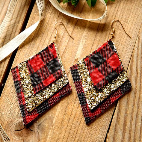 Christmas Faux Leather Earrings, Sequin Earrings, Plaid Earrings, Diy Leather Earrings, Plaid And Leather, Plaid Decor, Outfit Jewelry, Geometry Pattern, Faux Leather Earrings