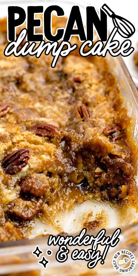 Savor the irresistible combination of sweet, caramel-like brown sugar, crunchy pecans, and effortless preparation in our pecan dump cake. Pecan Cobbler Dump Cake, Pecan Dump Cake, Pecan Desserts Recipes, Pecan Desserts, Cake Mix Desserts, Dark Brown Sugar, Dessert Simple, Gateaux Cake, Pecan Recipes