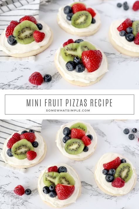 Cookies Cream Cheese Frosting, Sugar Cookies Cream Cheese, Individual Fruit Pizza, Mini Fruit Pizza, Muffin Tin Pizza, Fruit Pizza Cups, Fruit Pizza Cookies, Pie Crust Pizza, Sugar Cookie Pizza