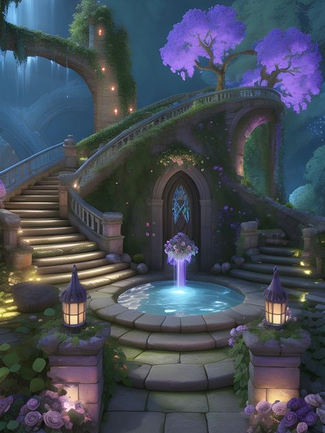 Fantasy Bathhouse Concept Art, Fantasy Fountain Art, Water Palace Fantasy Art, Fountain Concept Art, Fantasy Pond, Anime Fountain Background, Portal Room, Wine Fountain, Underwater Home Fantasy Art