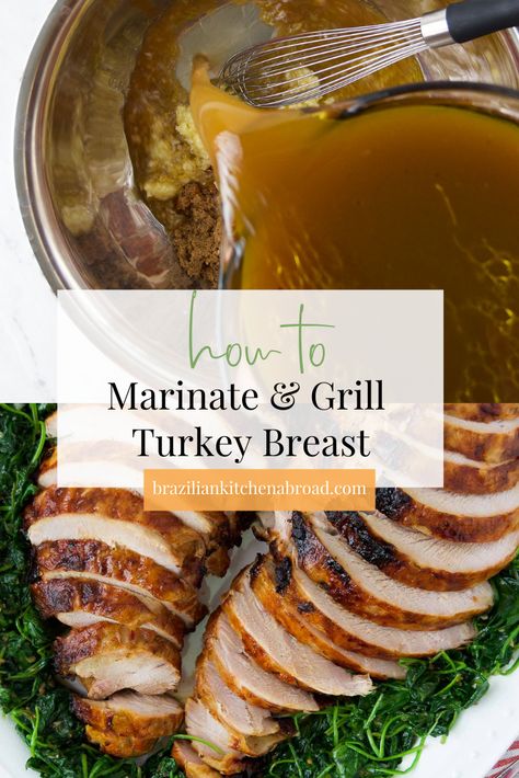 This Grilled Turkey Breast is juicy, bursting with flavor AND has crispy skin. Plus, it's ready so much faster than a whole turkey! Whether you're hosting a small holiday gathering and don't want to make the whole bird or just like white meat, this Grilled Turkey Breast recipe is for you. Keep on reading to learn how to grill a turkey breast packed full of flavor, plus all my secrets for how to make a homemade turkey breast brine. Turkey Breast On The Grill, Turkey Breast Marinade, Turkey Breast Brine, Temperature To Cook Turkey, Grill A Turkey, Grilled Turkey Breast, Grilled Turkey Recipes, Brined Turkey Breast, Butterball Turkey