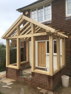 Entrance Porch Design, Porch Extension With Toilet, Porch Ideas Entrance, Timber Frame Extension, Minwax Stain Colors, Porch Extension, Timber Frame Porch, Glass Porch, Cottage Porch