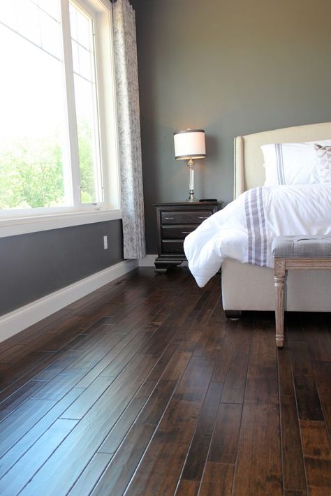 Medium Dark Bedroom Hardwood Flooring Dark Hardwood Floors Green Walls, Dark Floored Bedroom, Master Bedrooms With Hardwood Floors, Bedroom With Dark Hardwood Floors, Bedroom Ideas With Dark Wood Floors, Dark Wood Floor Bedroom Ideas Color Schemes, Dark Hardwood Bedroom, Bedroom Dark Brown Floor, Dark Hardwood Floors Bedroom