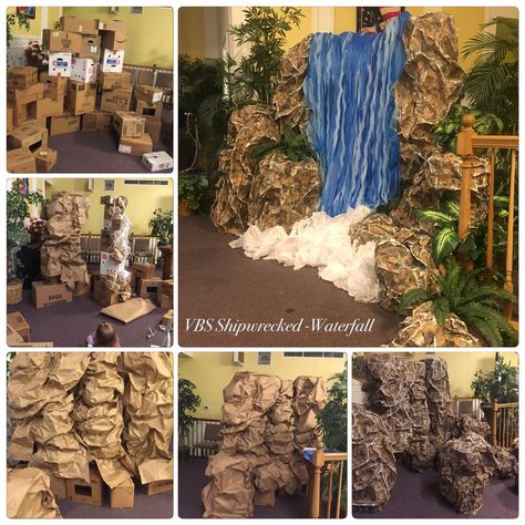 Vbs Shipwrecked, Waterfall Decoration, Jungle Crafts, Diy Waterfall, Jungle Decorations, Vbs Themes, Safari Decorations, Ganpati Decoration Design, Luau Theme