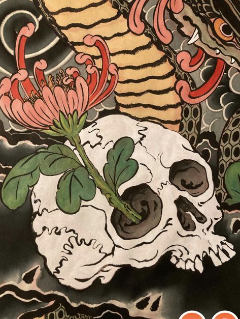 Traditional Japanese Skull Tattoo, Japanese Line Drawing, Japanese Skeleton Tattoo, Japanese Reaper, Trad Japanese Tattoo, Japanese Skull Tattoo Design, Japanese Skull Tattoo, Japanese Traditional Painting, Japan Traditional Art