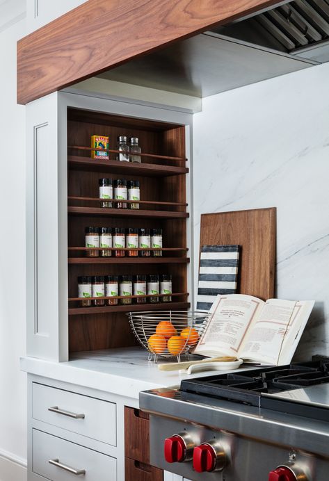 Range Hood Surround, Shelf Nook, Studio Dearborn, Sarah Robertson, Oil Shelf, Kitchen Storage Ideas, Walnut Shelves, Kitchen Spice Racks, Spice Shelf