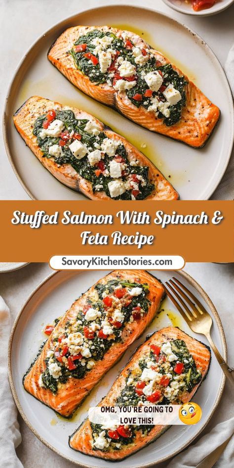 Want to impress your family with a Mediterranean-inspired dinner? Our Stuffed Salmon with Spinach & Feta is not only delicious but also packed with nutrients. Be sure to save this recipe for a quick and elegant weeknight feast that everyone will love! Salmon Spinach Recipes, Mediterranean Dinner Ideas, Salmon With Spinach, Mediterranean Dinner, Feta Recipe, Stuffed Salmon, Dinner Experience, One Pot Recipes, Flavorful Dinner