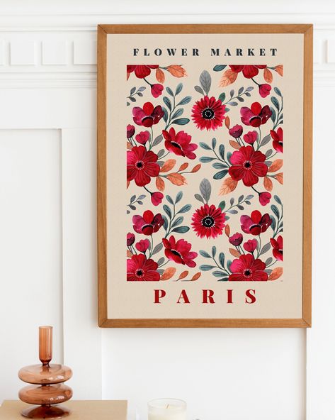 Paris Flower Market Print, Retro Floral Poster, Botanical Illustration, Boho Flowers, Red Floral Printable Wall Art #etsy #red #housewarming #beige #unframed #entryway #minimalist #flowers #vertical #flowermarketposter #paris #parisposter Paris Flower Market, Entryway Minimalist, Flower Market Print, Flower Market Poster, Paris Poster, Art Exhibition Posters, Minimalist Flowers, Boho Flowers, Floral Printables