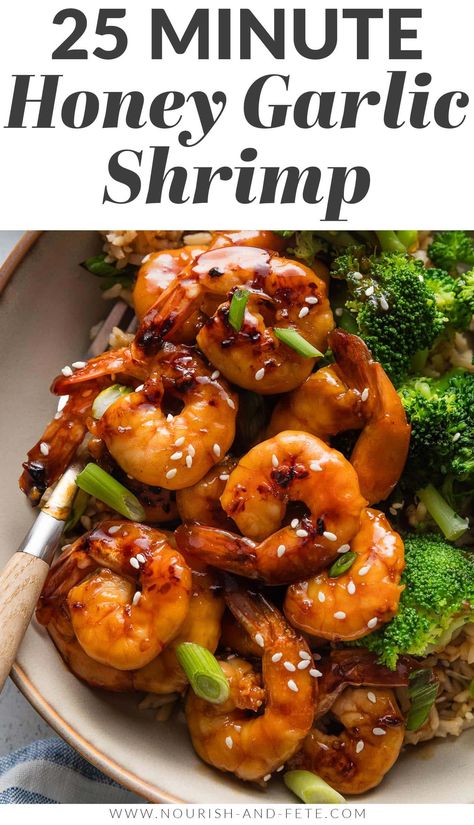 Count on this super simple Honey Garlic Shrimp Skillet when you need an ultra fast dinner with tons of flavor. Season and cook the shrimp in just 20 minutes, then serve over rice and steamed veggies for an easy dinner with gourmet taste. Fast Shrimp Recipes, Sauté Shrimp, Shrimp Skillet Recipes, Honey Shrimp, Honey Garlic Shrimp, Shrimp And Rice Recipes, Teriyaki Shrimp, Serve Over Rice, Chinese Dinner