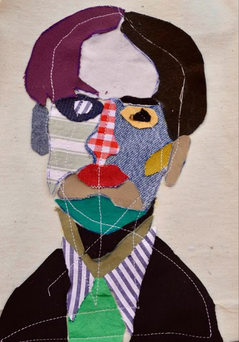 • artist unknown • Pop Art Textiles, Applique Portrait, Portrait Textiles, Patchwork Portrait, Textile Portraits, Cloth Collage, Fabric Portraits, Textile Art Projects, Patchwork Collage