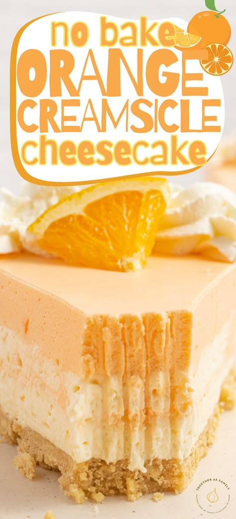 No Bake Orange Creamsicle Cheesecake is a no bake dessert that is reminiscent of the nostalgic orange creamsicle popsicles with a creamy vanilla center and bright orange flavor. Fruity Deserts, Orange Creamsicle Cheesecake Recipe, Orange Creamsicle Cheesecake, Creamsicle Cheesecake, Betty Crocker Sugar Cookies, Orange Baking, Sugar Cookie Mix, Holiday Punch, Food Memes