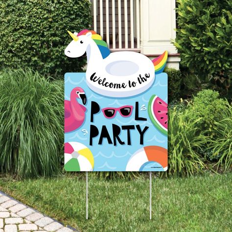 Make A Splash - Pool Party Sign Decoration INCLUDES Welcome to the Pool Party corrugated plastic yard sign and 2 sturdy stakes for displaying. PERFECT FOR ANY LOCATION! Make A Splash - Pool Party Yard Sign SIZE 17 inches wide x 23 inches tall. Vibrant unicorn pool yard decor is an easy way to decorate for summer swimming party or birthday party. Both adults and kids will love this gymnastic theme party supplies. Display in front yards of your home or party venue. EASY TO USE: Flamingo Pool Lawn Pool Party Sign, Pool Party Diy, Flamingo Pool, Swimming Party, Girls Birthday Party Themes, Custom Yard Signs, Pool Party Decorations, Summer Swimming, Splash Pool