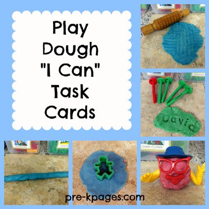 Free printable play dough I Can task cards via www.pre-kpages.com Playdoh Task Cards Free, Play Dough Invitation To Play, Free Playdough Task Cards, Free Playdough Mats, Toddler Safe Playdough, Play Dough Center, Preschool Playdough, Pre K Pages, Playdough Activities