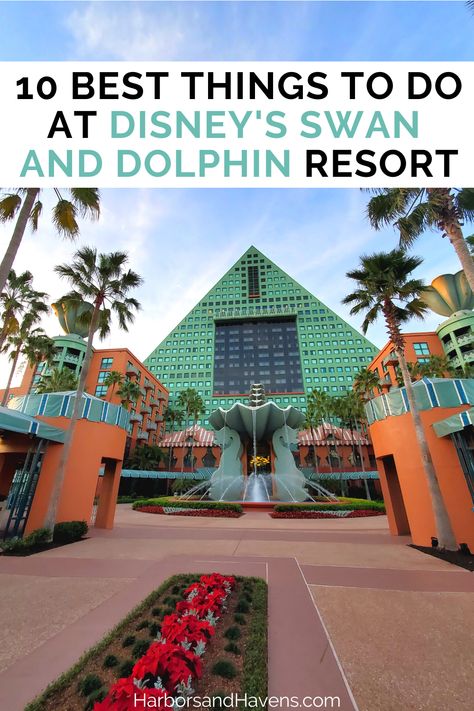 A green pyramid shaped hotel has a fountain with dolphin statues in front and a walkway with red flowers down the middle. Hotel Staycation, Disney Hotel, Crescent Lake, Disney Resort Hotels, Disney World Vacation Planning, Disney Hotels, Walt Disney World Vacations, Disney Resorts, Disney World Tips And Tricks