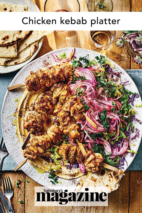 This chicken kebab platter from chef John Gregory-Smith can be served like a barbecue sharing board. The recipe also works brilliantly with lamb. Get the Sainsbury’s magazine recipe Recipes For Lamb, Lamb Shawarma, Arabisk Mad, Yotam Ottolenghi Recipes, Ottolenghi Recipes, Marinated Lamb, Kebabs On The Grill, Pitta Bread, Grilled Bread