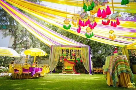 Tune in to These 5 Stunning Mehndi Decoration Ideas That Inspire the Best Setups for Your Mehndi Ceremony Holi Decor, Mehndi Decoration Ideas, Mehandi Decor, Mehendi Ideas, Haldi Decoration, Mehendi Decor Ideas, Sangeet Decor, Holi Party, Haldi Decor