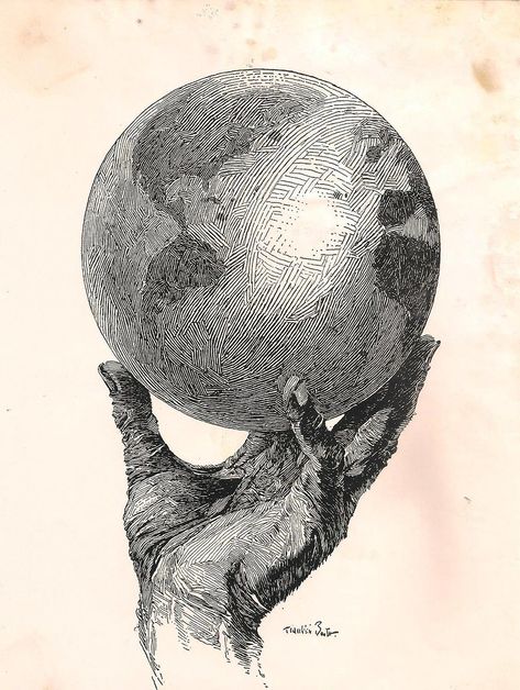 Franklin Booth - World in hand c.1925 Franklin Booth, Illustrated Magazine, Engraving Illustration, Ink Sketch, Ink Illustrations, Pen Art, Drawing Tutorials, Illustrations And Posters, Ink Pen Drawings