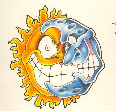 sun & moon Evil Moon Drawing, Majestic Paintings, Sun Face Tattoo, Sun And Moon Drawing, Faces Tattoo, Taco Fest, Moda Disco, Sun Cartoon, Moon Illustrations