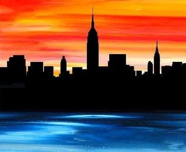 America Painting, Skyline Artwork, Animal Paintings Acrylic, Sunset Canvas Painting, New York Painting, Skyline Painting, Silhouette Painting, Simple Canvas Paintings, Cute Canvas Paintings