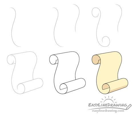 How to Draw a Scroll Step by Step - EasyLineDrawing Scroll Drawing Easy, Paper Scroll Drawing, How To Draw A Scroll Step By Step, How To Draw Music Notes Step By Step, Scroll Doodle, Scroll Banner Drawing, Scroll Drawing, Cafe Chalkboard, Banner Doodle