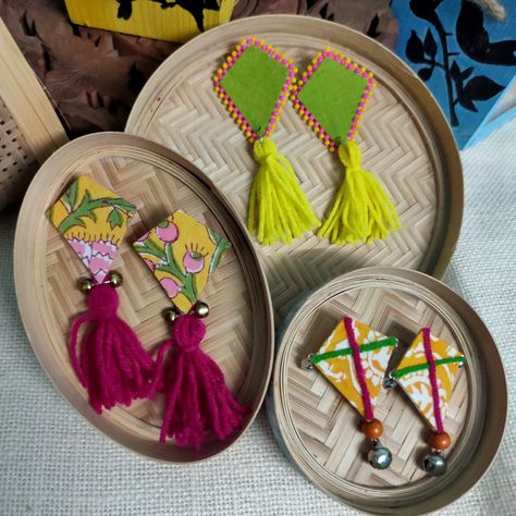 Textile based kite earrings Kite Jewelry, Kite Earrings, Diy Jewellery Designs, Makar Sankranti, Fabric Earrings, Fabric Jewelry, Handmade Jewellery, Handmade Jewelry, Jewelry Design