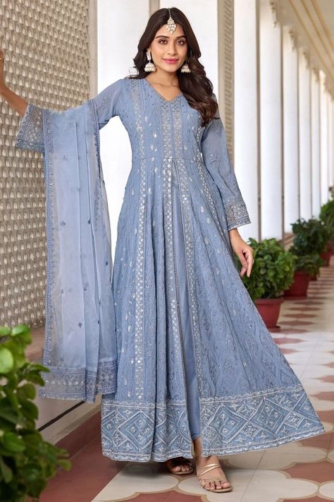 Periwinkle Embroidered Faux Georgette Pant Kameez Anarkali Designs, Celana Fashion, Anarkali Salwar, Readymade Saree, Elegant Embroidery, Salwar Kameez Designs, Anarkali Suit, Anarkali Suits, Anarkali Dress