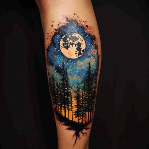 Night Time Tattoo, Night Sky Tattoo Starry, Starry Sky Tattoo, Night Sky Tattoo, Night Sky Tattoos, Sky Tattoo, Sky Tattoos, Night Tattoo, Sleeve Ideas