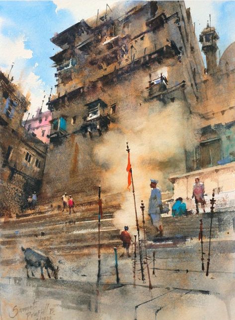 Watercolor Indian, Watercolor Scenery, Watercolor Workshop, Watercolor Architecture, Canvas Art Projects, Watercolor Landscape Paintings, Watercolor Art Lessons, Indian Paintings, Indian Art Paintings