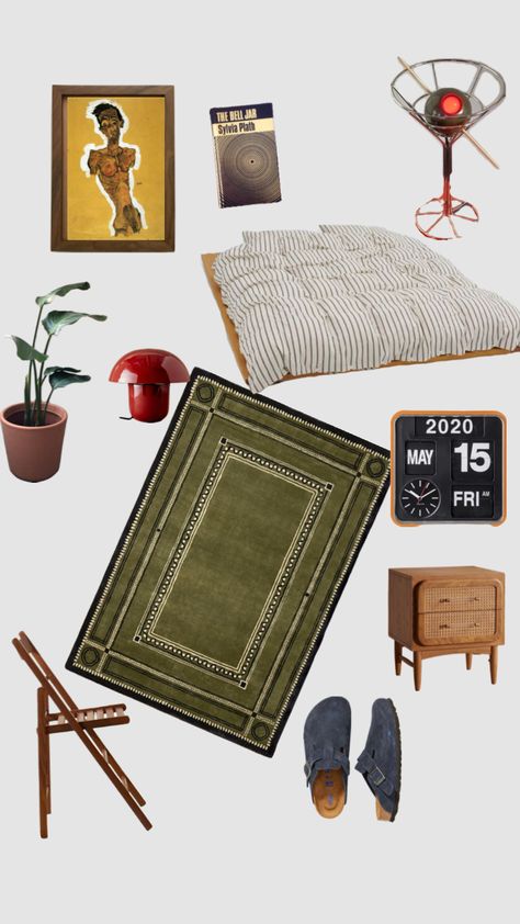 Mid century modern bedroom #teklafabrics #egonschiele #homedecor #art #green Mens Dorm Room Ideas, Bedroom Shuffles, Mid Century Modern Bedroom, The Bell Jar, Sylvia Plath, Art Green, Modern Bedroom, Dorm Room, Century Modern